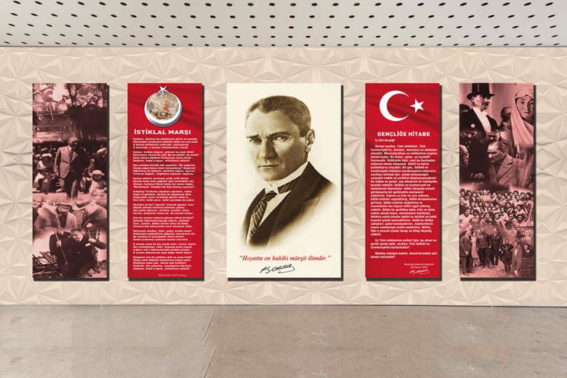 Atatürk köşesi, ışıklı atatürk köşesi, ilkokul atatürk köşesi, anaokul atatürk köşesi, okul atatürk köşesi, metal atatürk köşesi, atatürk köşesi duvar giydirme, pleksi atatürk köşesi, 3d atatürk köşes