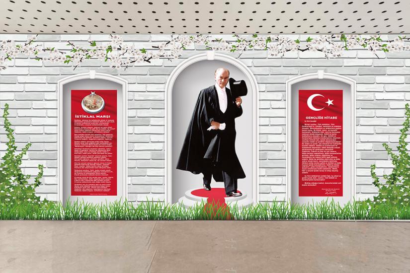 Atatürk köşesi, ışıklı atatürk köşesi, ilkokul atatürk köşesi, anaokul atatürk köşesi, okul atatürk köşesi, metal atatürk köşesi, atatürk köşesi duvar giydirme, pleksi atatürk köşesi, 3d atatürk köşes